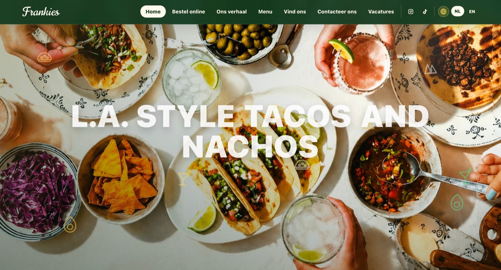 Homepage preview van Frankies Gent, een kleurrijke horecawebsite met taco en nacho hero.