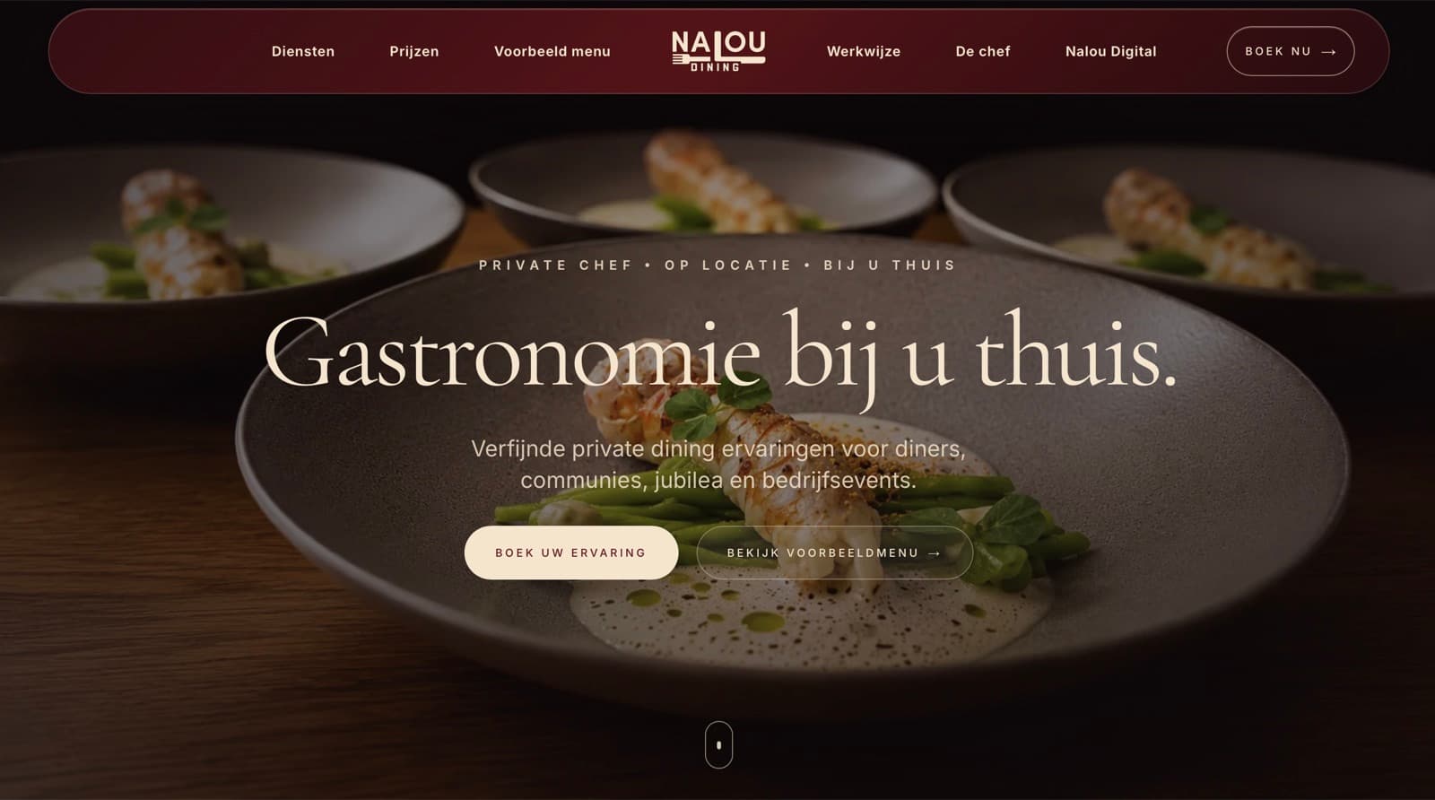Homepage preview van Nalou Dining, een private dining website met premium hero.